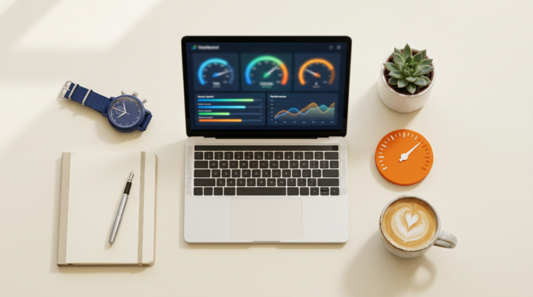 Bureau de stratège marketing illustrant la vitesse de chargement d'un site web