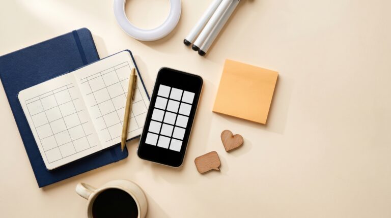 Bureau de stratège marketing, flat lay sur la stratégie réseaux sociaux pour PME en 2026