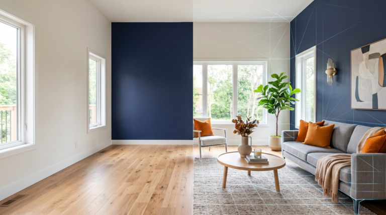 Salon en transformation avant/apres par home staging virtuel IA