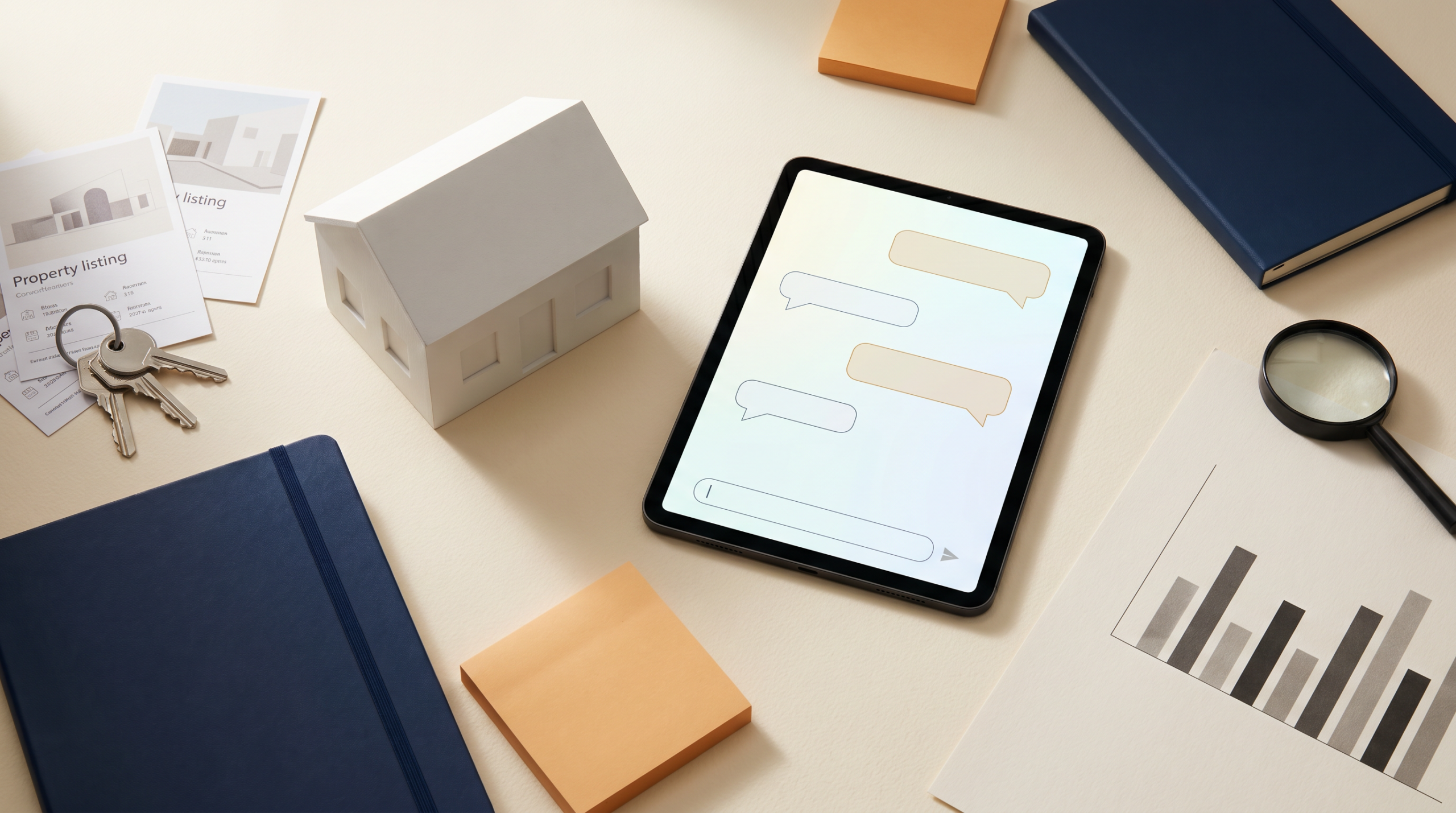 Bureau de stratège marketing immobilier avec maquette de maison, tablette et notes, illustrant le marketing immobilier IA en 2026