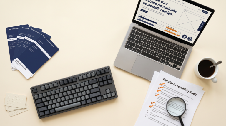 Bureau de stratège marketing avec ordinateur affichant un site web et outils de contrôle d'accessibilité web