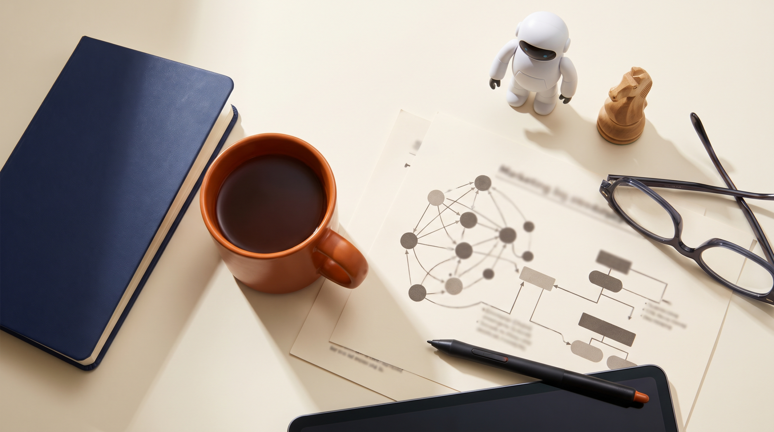 Bureau de stratège marketing vu de dessus avec carnet bleu marine, mug orange, schémas de réseaux de nœuds et figurine de robot, illustrant les agents IA marketing pour les PME