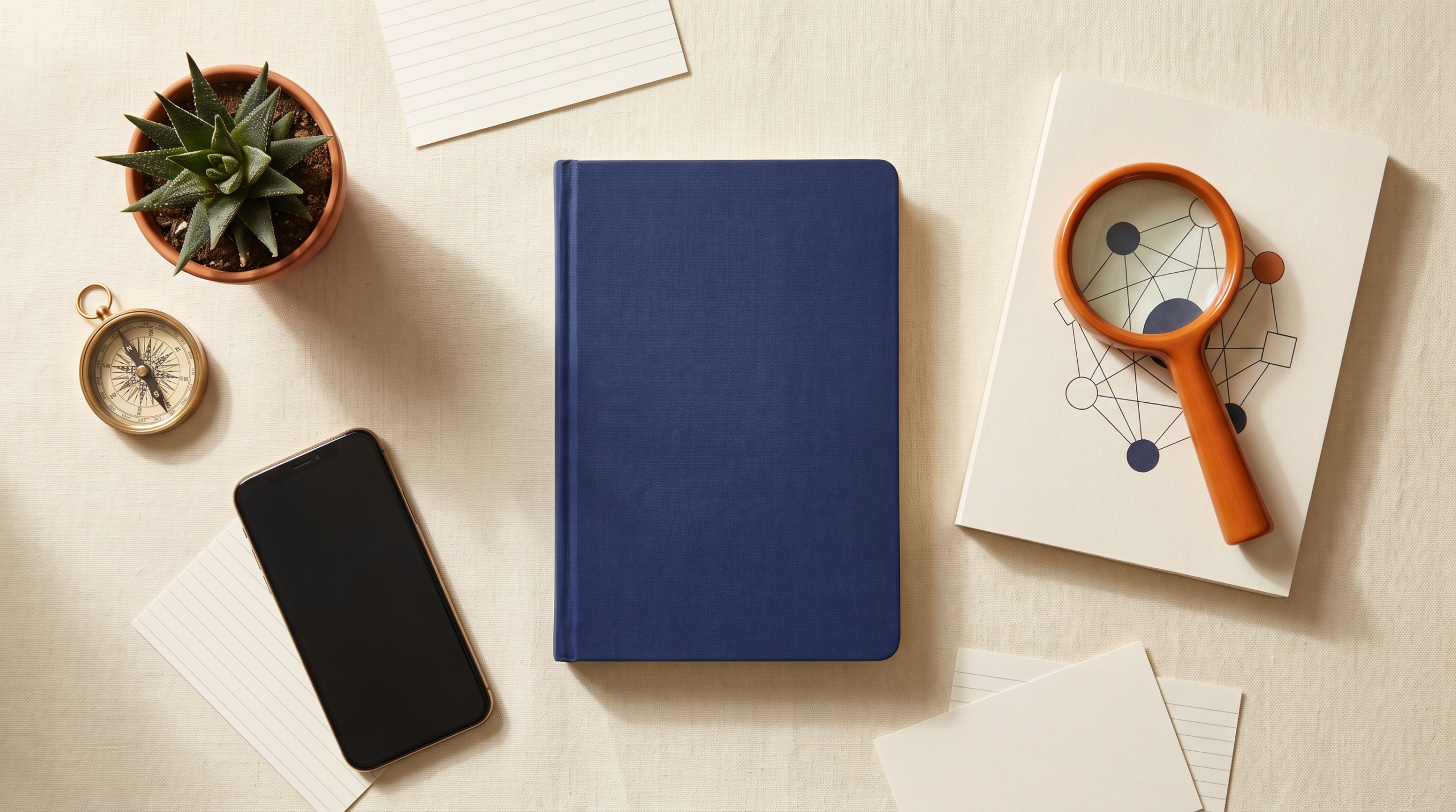 Bureau de stratège marketing vu de dessus illustrant le référencement génératif : loupe orange, carnet bleu marine et schéma de réseau sur fond crème