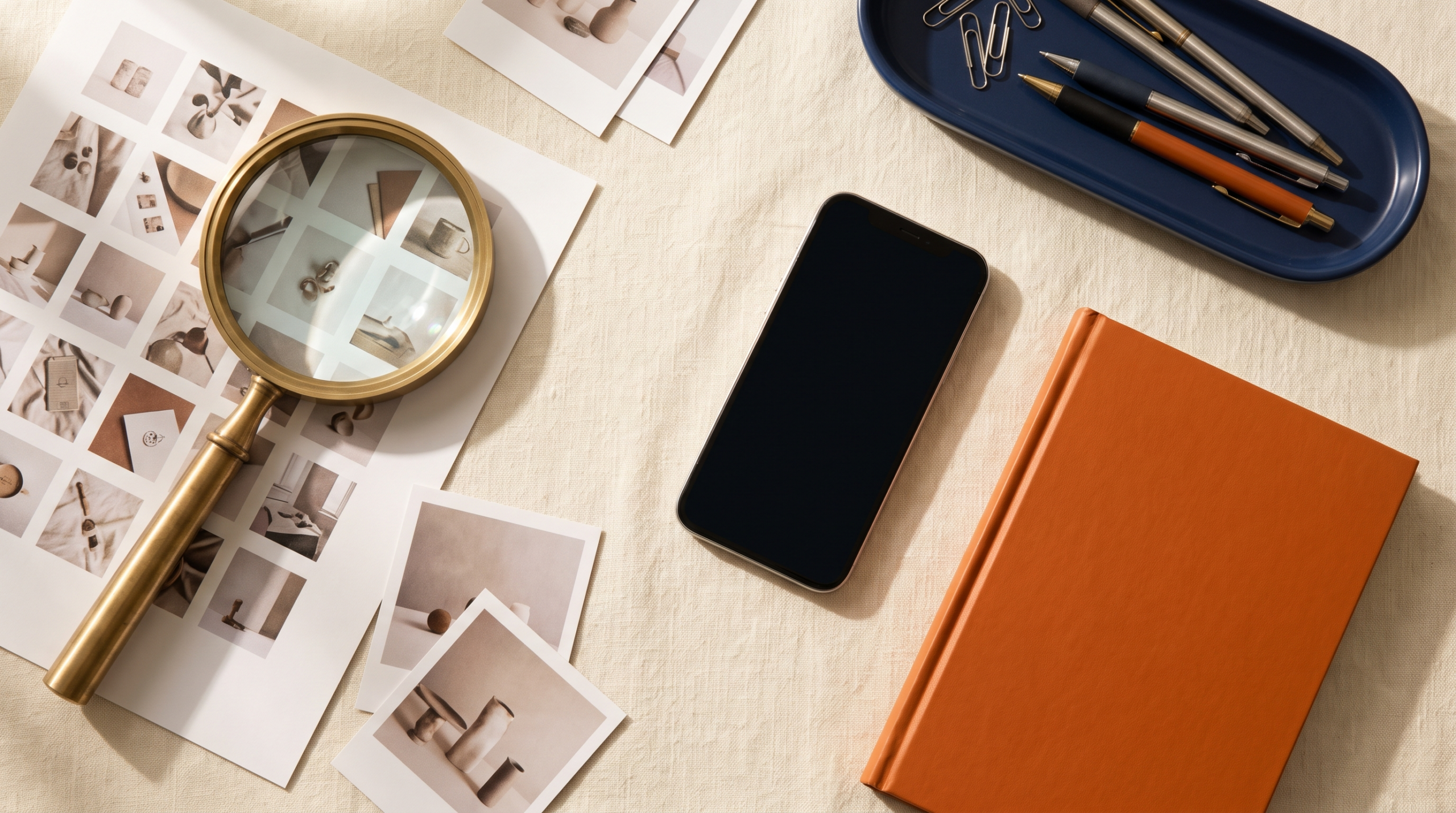 Bureau de stratège marketing vu de dessus illustrant le social search : smartphone, loupe sur planche de photos, carnet orange et plateau bleu marine