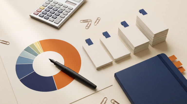 Bureau de stratège marketing vu du dessus avec répartition d'un budget marketing digital PME en 2026