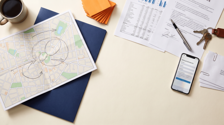 Bureau de stratège en prospection immobilière digitale vu du dessus : carte de quartier annotée, rapport d'estimation, mandat de vente et clés