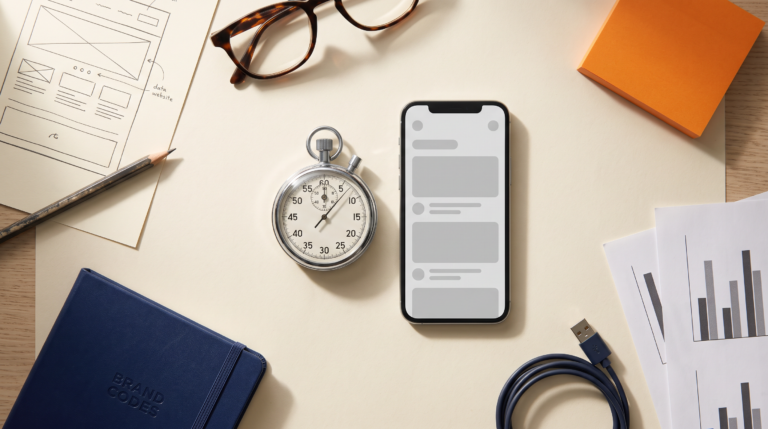 Chronomètre posé à côté d'un smartphone dont la page est encore en cours de chargement, sur un bureau de stratège marketing