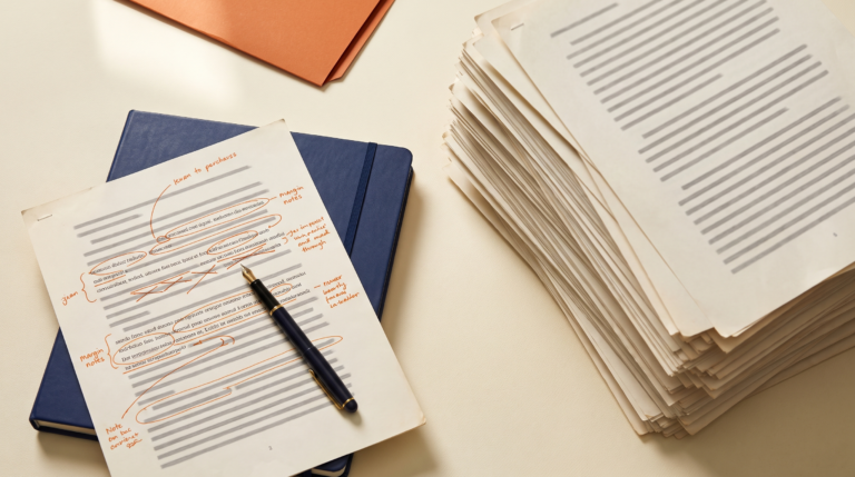 Bureau vu du dessus : une pile de pages générées non lues face à une seule page annotée à la main, illustrant l'IA générative en marketing