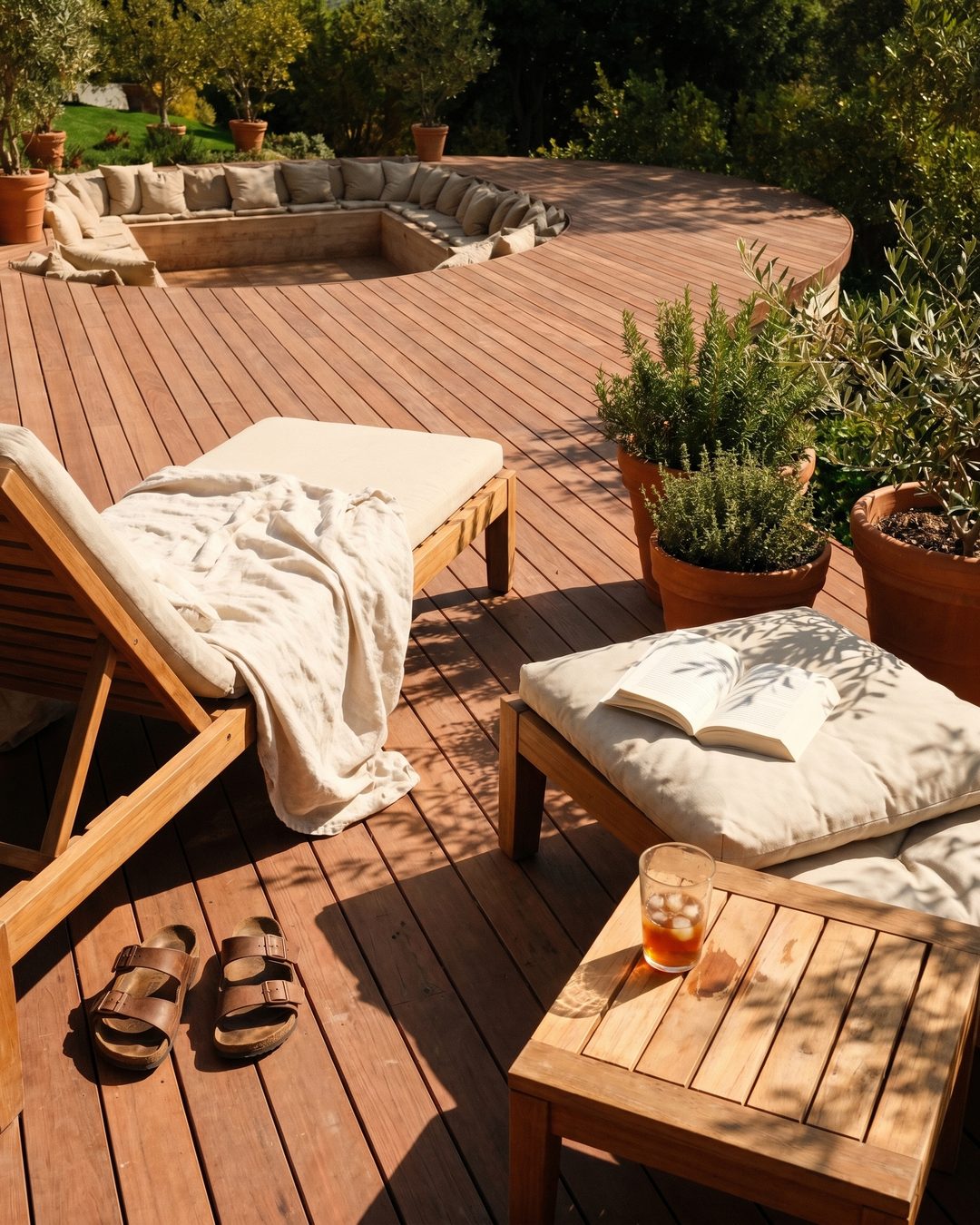 Publication Tereny : détail d une terrasse avec transat, coussins et plantes aromatiques