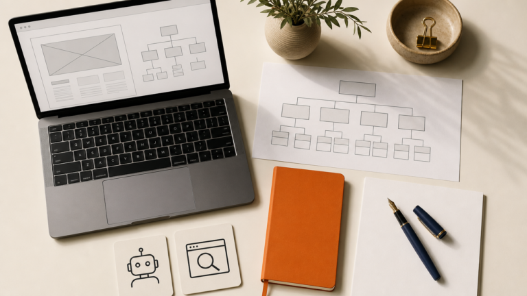 Bureau de stratège marketing vu de dessus avec ordinateur portable affichant un plan de site, illustrant l'article sur le site internet PME et l'IA générative