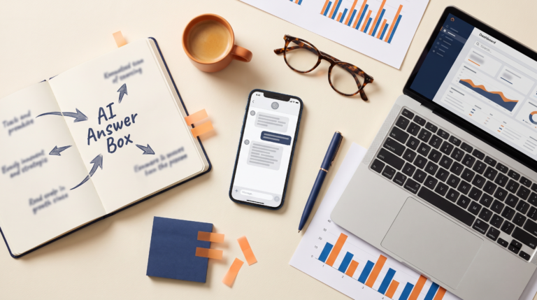 Bureau de strategiste marketing illustrant le referencement GEO en 2026