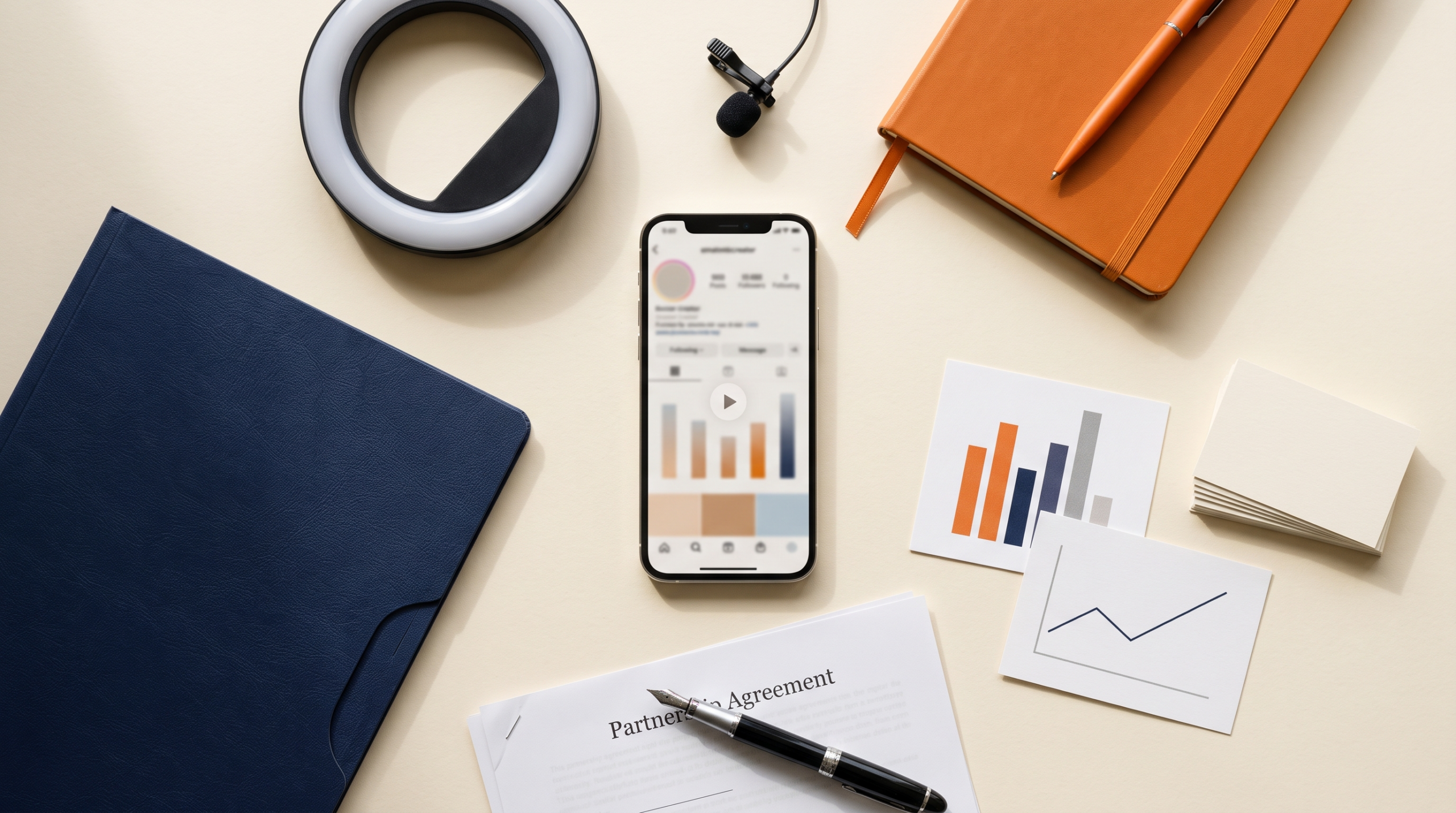 Bureau de stratège marketing avec smartphone, ring light et contrat de partenariat illustrant le marketing d'influence pour PME