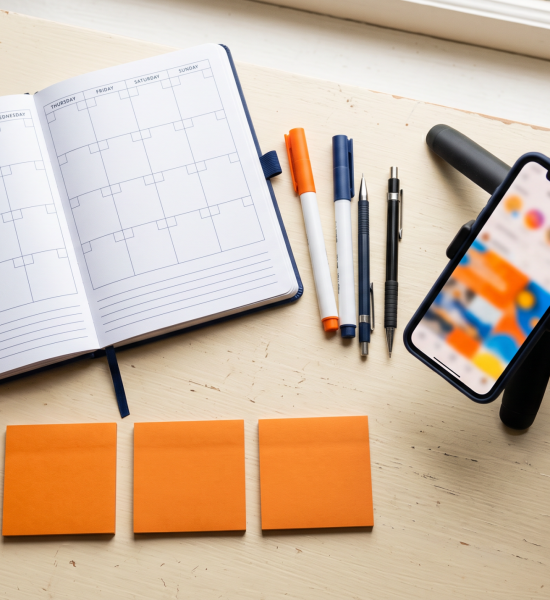 Bureau de stratège marketing vu du dessus avec calendrier éditorial et smartphone pour planifier les réseaux sociaux d'une PME